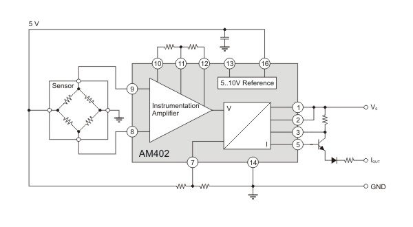 AM402 as sensor signal-conditioner with three-wire current output.