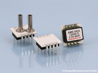 The digital board-mount pressure sensor AMS 5935 in a robust ceramic DIL-8 package with metal pressure ports, now available for pressures up to 12 bar.